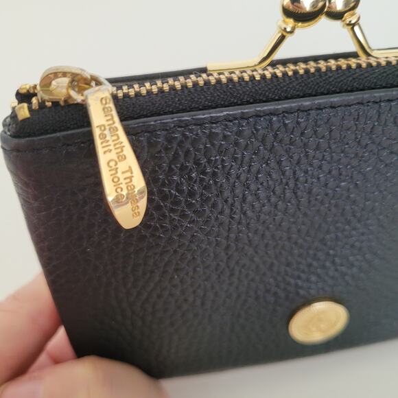 Samantha Thavasa Zip Kisslock Geniue Pebble Leather Wallet Black Boho Quality - Picture 11 of 11
